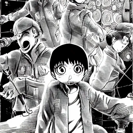 Image similar to close-up scene neighbor holding a drill and drilling holes in a room, all wall is drilled with holes, manga, professional manga artwork, very detailed, black and white manga horror in style of junji ito, kentaro miura, Tsutomu Nihei