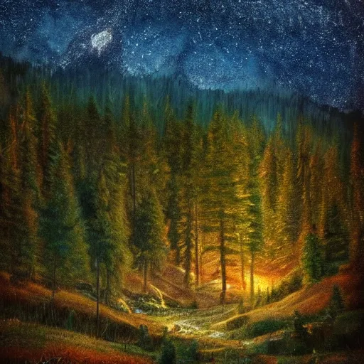 Image similar to incredible scenery mountainscape picturesque forest woods at night countryside beautiful stars stars in the sky by james gurney artstation hyperrealism photo - realistic lifelike photography photorealistic