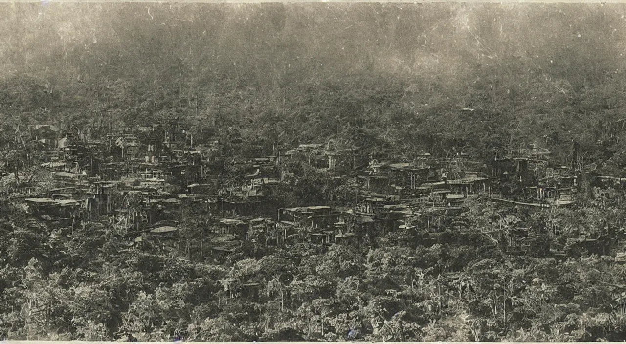 Image similar to a 1900s grainy photo of a lost city found in amazonia's forest