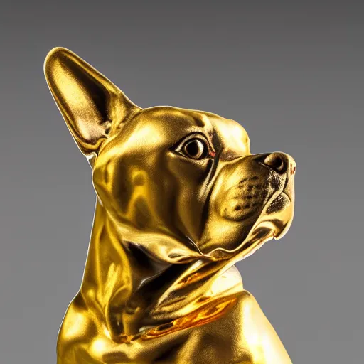 Image similar to detailed photo of a puppy statue made of gold, various posed, studio light, 8 k, photorealism, intricate detail, museum diffuse lighting