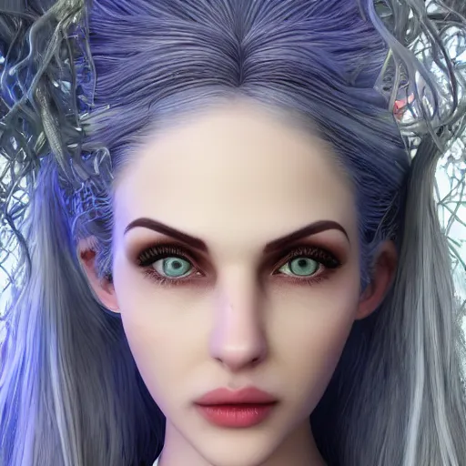 Image similar to “hyperrealistic ultra detailed unreal engine 5 RTX raytracing nvidia hairworks render of portrait of the most beautiful girl with blue eyes and white hair. She is in heavens garden. She has amazing silver jevelery. Nose piercing. Black shiny Latex designer dress . Ultra realistic face Rainbow. Grymes inspires. Wonderful landscape on the background. Photo. Photorealistic ”