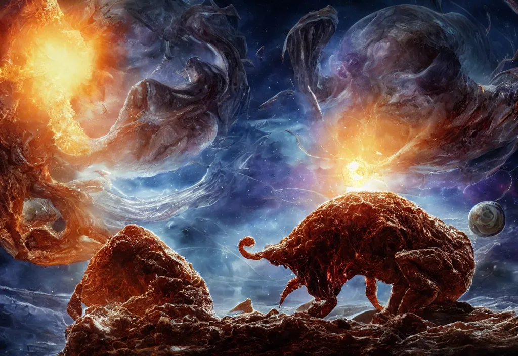 Image similar to eldritch horror bloody garfield in space, hd, 8 k, giant, epic, realistic photo, unreal engine, stars, prophecy, powerful, cinematic lighting, destroyed planet, debris, violent, sinister, ray tracing, dynamic, epic composition, dark, horrific, teeth, grotesque, monochrome drawing, hellscape, death, corpses, foreboding