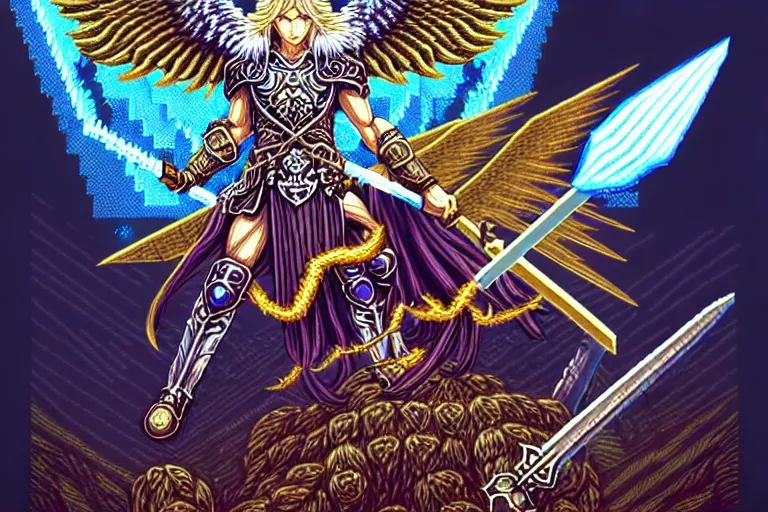 Prompt: odin wielding the divine lance, valkyrie profile game, beautiful detailed pixelart by albertov, intricate details, beautiful, dithered gradients, volumetric lighting, cgsociety, artstation, smooth, sharp focus, 2 d illustration, amazing art by dan mumford, old school computer game graphics, crpg, d & d, pixel art