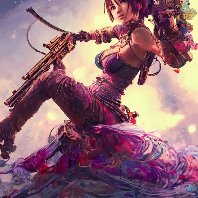 Prompt: the portrait of chaotic neutral colorful female gunner assassin as absurdly beautiful, gorgeous, elegant, playful, mature gravure idol, an ultrafine hyperdetailed illustration by kim jung gi, irakli nadar, intricate linework, bright colors, octopath traveler, final fantasy, unreal engine 5 highly rendered, global illumination, radiant light, detailed and intricate environment