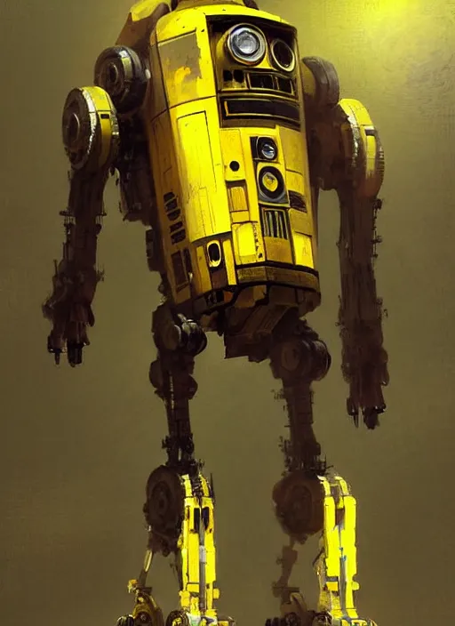 Image similar to tall strong intricate yellow pit droid, painterly mecha, by Greg Rutkowski