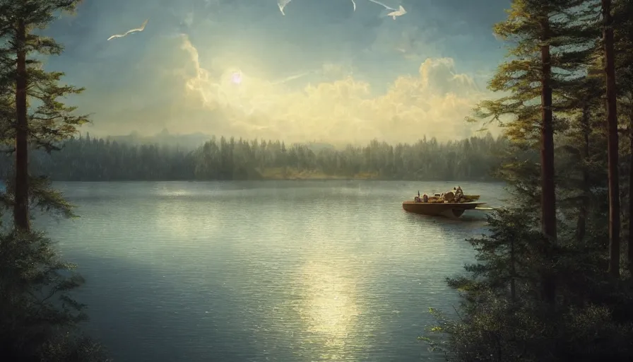 Prompt: portrait of a large lake with a boat near a pine forest, highly detailed, sunny, blue sky, cinematic lighting, highly angle, godrays, volumetric, photorealistic, digital art painting by greg rutkowski