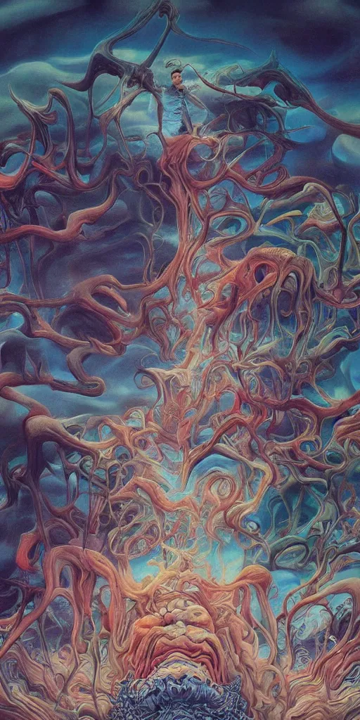 Prompt: ultrawide angle colour masterpiece surreal closeup portrait photography of chandler bing by miho hirano and annie leibovitz and michael cheval, weird surreal epic psychedelic complex biomorphic 3 d fractal landscape in background by kilian eng and roger dean and salvador dali and beksinski, 8 k