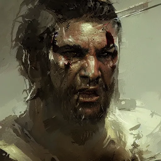 Image similar to Portrait painting of a barbarian warrior by greg rutkowski and Craig Mullins, Dark atmospheric and cinematic lighting