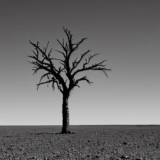 Prompt: A desolate wasteland, where the only sign of life is a lone, skeletal tree, bleak and foreboding.