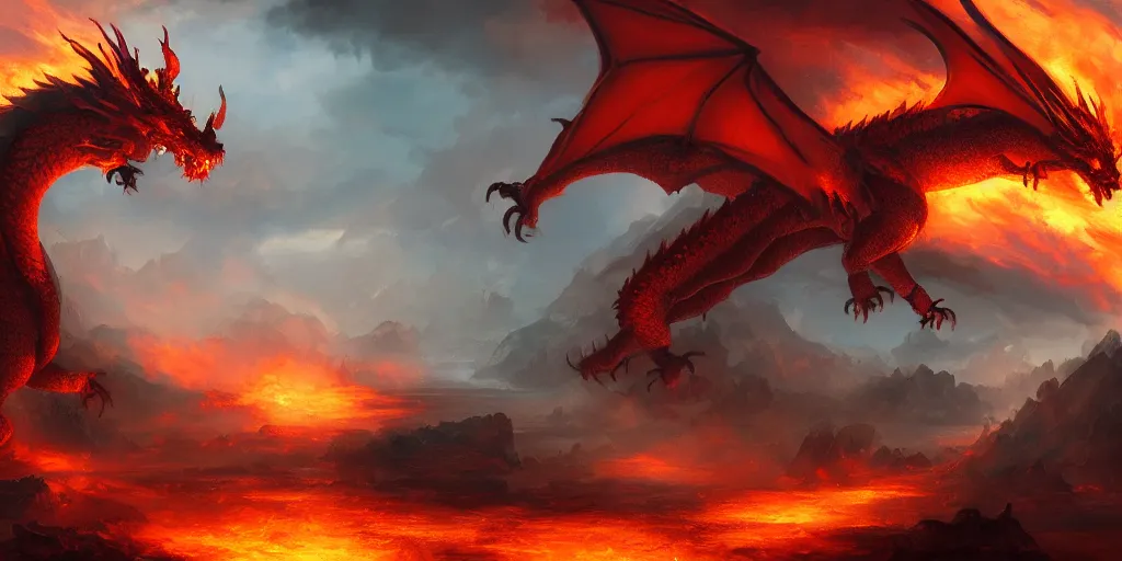 Prompt: digital painting, fire dragon, fantasy landscape, detailed lighting, high quality, sharp focus, intricate, artstation, 4k