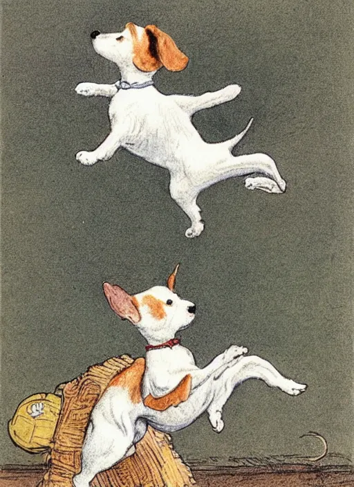 Prompt: jack russel terrier jumping over and over, illustrated by peggy fortnum and beatrix potter and sir john tenniel