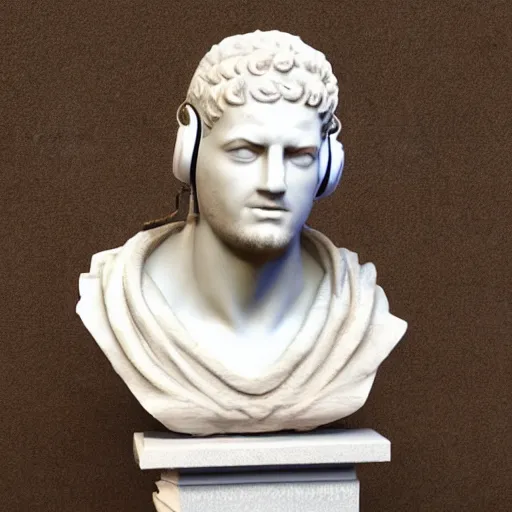 Prompt: roman bust wearing headphones, in the style of vaporwave!!!!!!!!!!!
