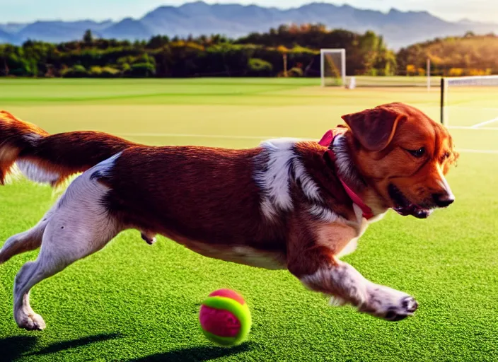 Image similar to a dog running after a tennis ball, soccer field in the background, warm colours, in sun light, national geography magazine cover photo, 8 k