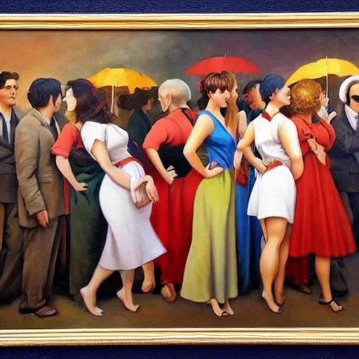 Image similar to riotous by alex alemany, by frank frazetta. a beautiful print of a group of people standing in a line. they are all facing the same direction & appear to be waiting for something.