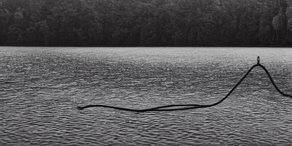 Image similar to symmetrical photograph of an infinitely long rope on the surface of the water, the rope is snaking from the foreground towards the center of the lake, a dark lake on a cloudy day, trees in the background, moody scene, anamorphic lens