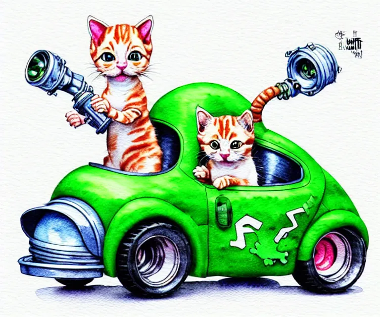 Image similar to cute and funny, kitten wearing a helmet riding in a tiny hot rod with an oversized engine, ratfink style by ed roth, centered award winning watercolor pen illustration, isometric illustration by chihiro iwasaki, edited by range murata, tiny details by artgerm and watercolor girl, symmetrically isometrically centered, sharply focused