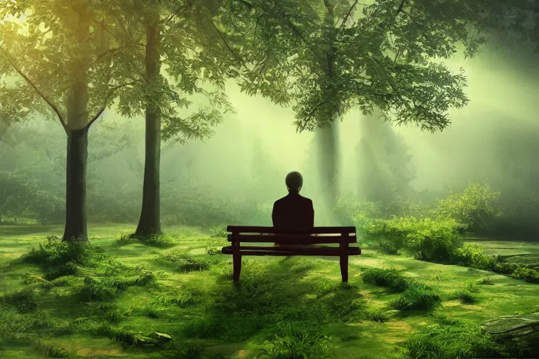 Image similar to a prince sits on a bench in a forest in front of a pond in the center, green color scheme, morning, mist, sun rays, artstation,