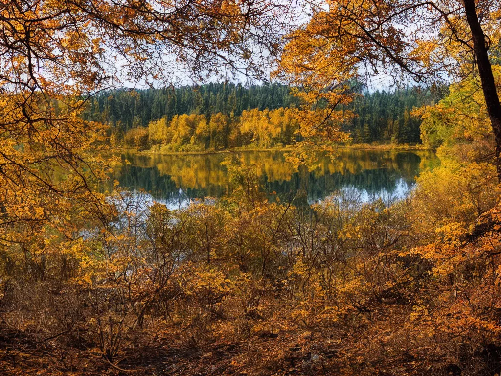 Image similar to a lake in the woods during autumn, photograph, color film