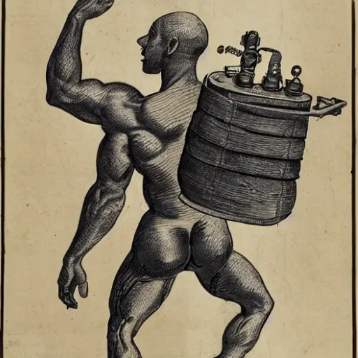 Image similar to a muscular bald man carrying engines on his back, technical diagram