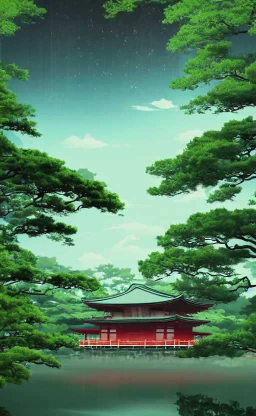 Image similar to japanese inspired poster, beautiful japanese architecture and nature, japanese beautiful aesthetic, photorealistic, lake, light rays theough the trees, 8 k image, studio ghibli anime style