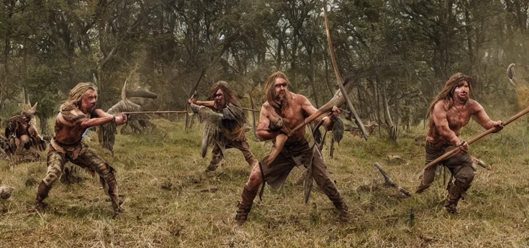 Prompt: prehistoric men hunting boar, a colorized photo, colorized, # film, movie still