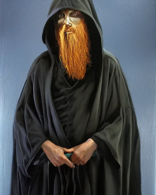 Image similar to oil painting portrait of a man in dark robes, hooded, made by greg rukowtski, fantasy, moodly