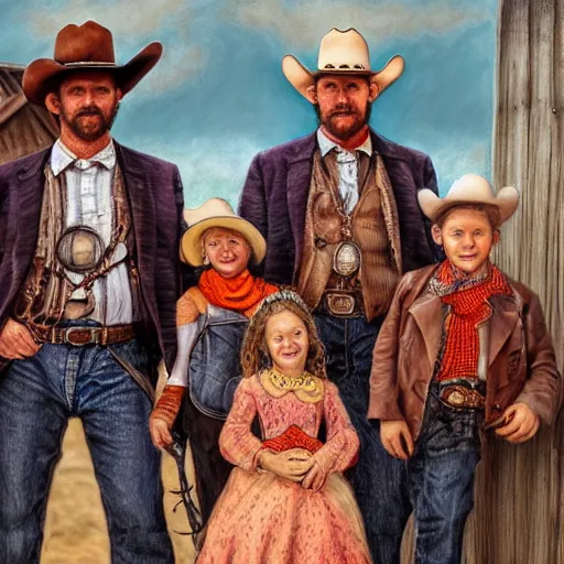 Prompt: Intricate five star Beautiful Wild West Family portrait by Ann Kullberg, Colored pencil on paper, high detail, skin texture, photo realistic, hyperrealism,matte finish, high contrast, 3d depth, masterpiece, vivid colors, artstationhd