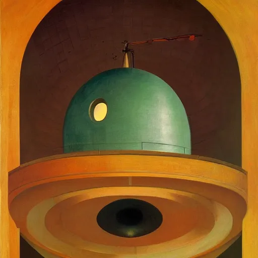 Prompt: giant spherical eye being lowered through the roof of a dome - shaped control center, grant wood, pj crook, edward hopper, oil on canvas