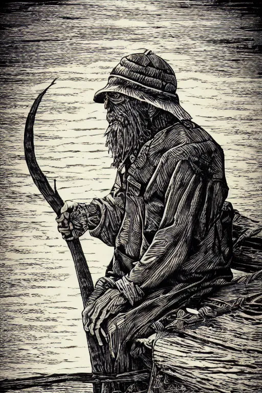 Prompt: a beautiful wood engraving on paper of an old hunched fisherman, 8 k, frostbite 3 engine, cryengine, dof, trending on artstation, digital art, crepuscular ray