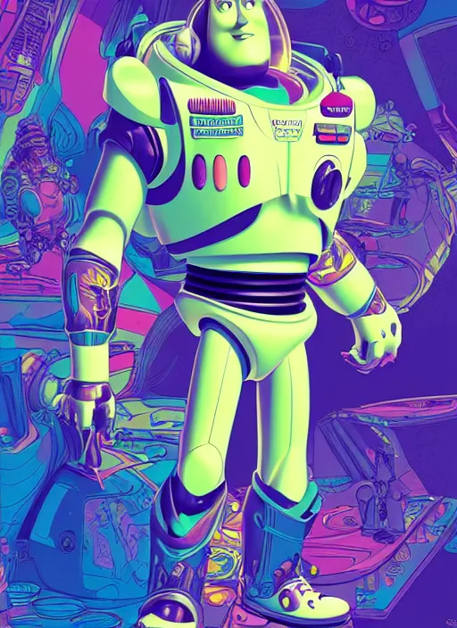 Image similar to portrait of buzz lightyear, an ultrafine detailed illustration by james jean, intricate linework, bright colors, final fantasy, behance contest winner, vanitas, angular, altermodern, unreal engine 5 highly rendered, global illumination, radiant light, detailed and intricate environment