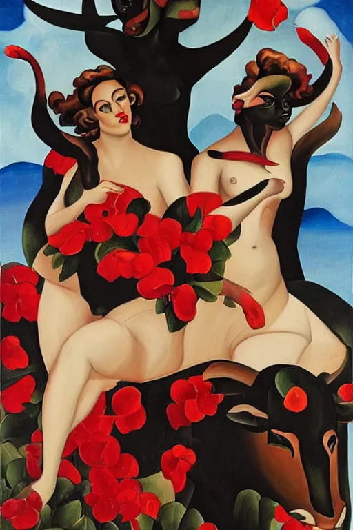Prompt: highly detailed painting of gemini goddesses wearing red flowers while they ride a black bull in space by tamara de lempicka