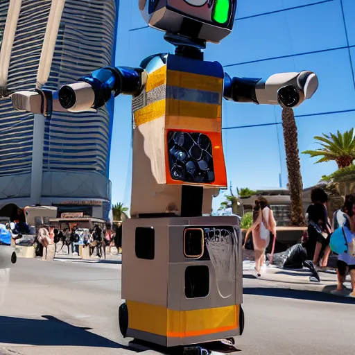 Prompt: LAS VEGAS, NV JUNE 7 2024: One of the most helpful happy self-aware robots to emerge from the future-portal.