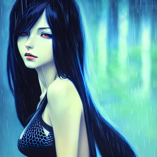 Image similar to beautiful seductive snake - girl, in the rain, highly detailed, painting, dark blue and black color palette, intricate, high quality anime artstyle, in the style of ilya kuvshinov
