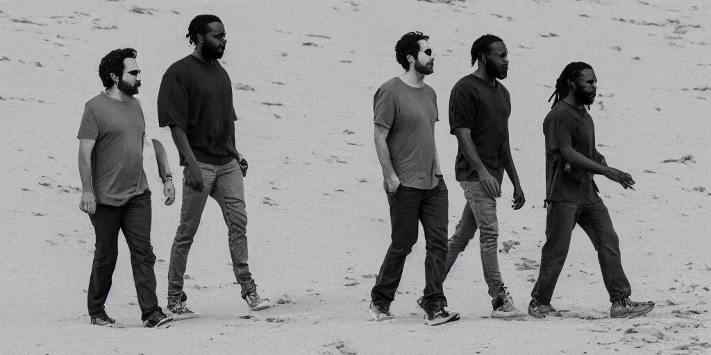 Image similar to Paul Rudd and Kendrick Lamar walking through a desert, Dune like atmosphere, Dune like clothing, black and white drawing, comic book