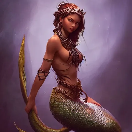 Image similar to very beautiful female tribal warrior next to a beautiful mermaid, happy appearance, ioyful vibe and lighting, cgsociety, artstation, in the style of artgerm