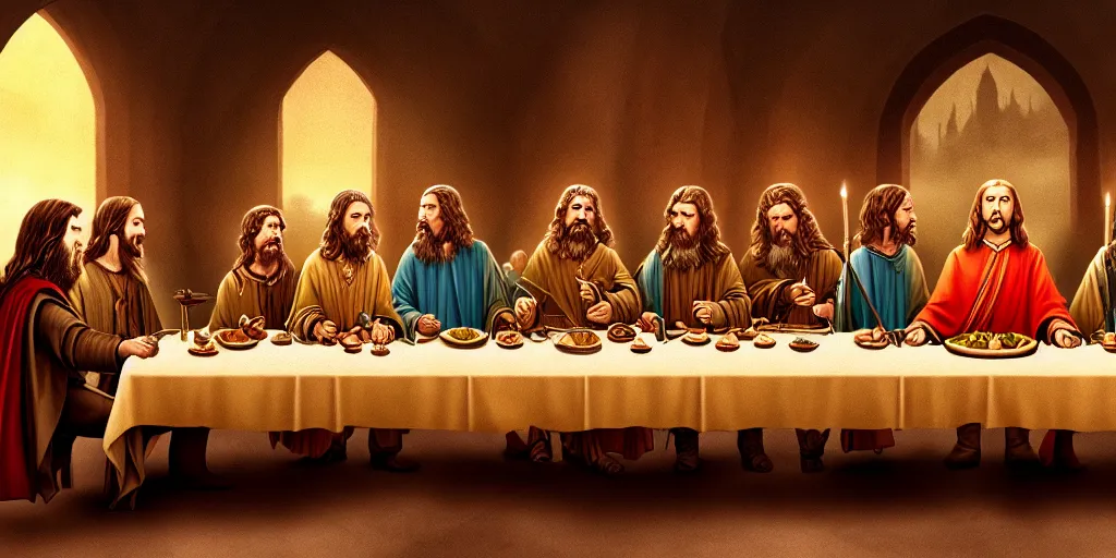 Prompt: lord of the rings last supper by wes anderson, digital painting, trending on artstation, sharp focus, 4 k