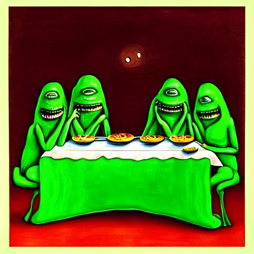 Prompt: green aliens in the last supper painting, eating alien food