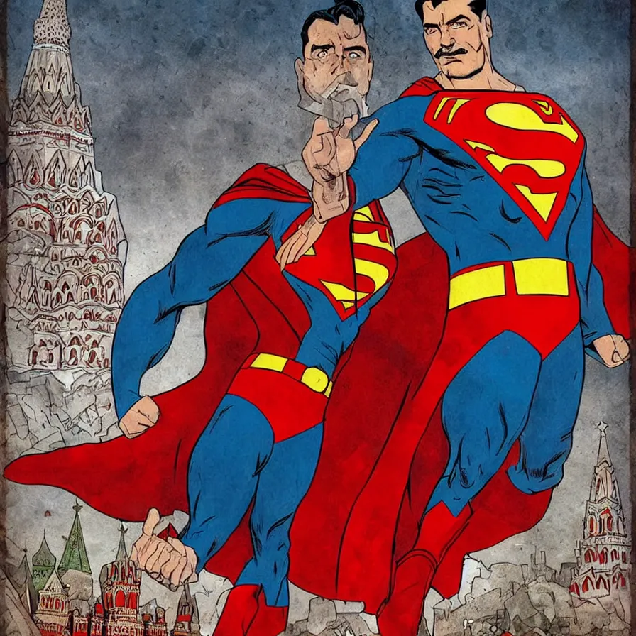 Image similar to epic comic book cover of stalin as superman floating over the red square ( moscow ), socialist realism, aesthetically pleasing, finely detailed facial features, hyperrealistic, intricate digital art, trending artstation, artgem, rich moody colors, fan art, concept art, in the style of the red son, by cory walker and ryan ottley