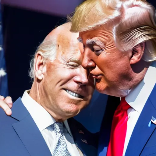 Prompt: high-quality photo of Donald Trump hugging Joe Biden, 8K