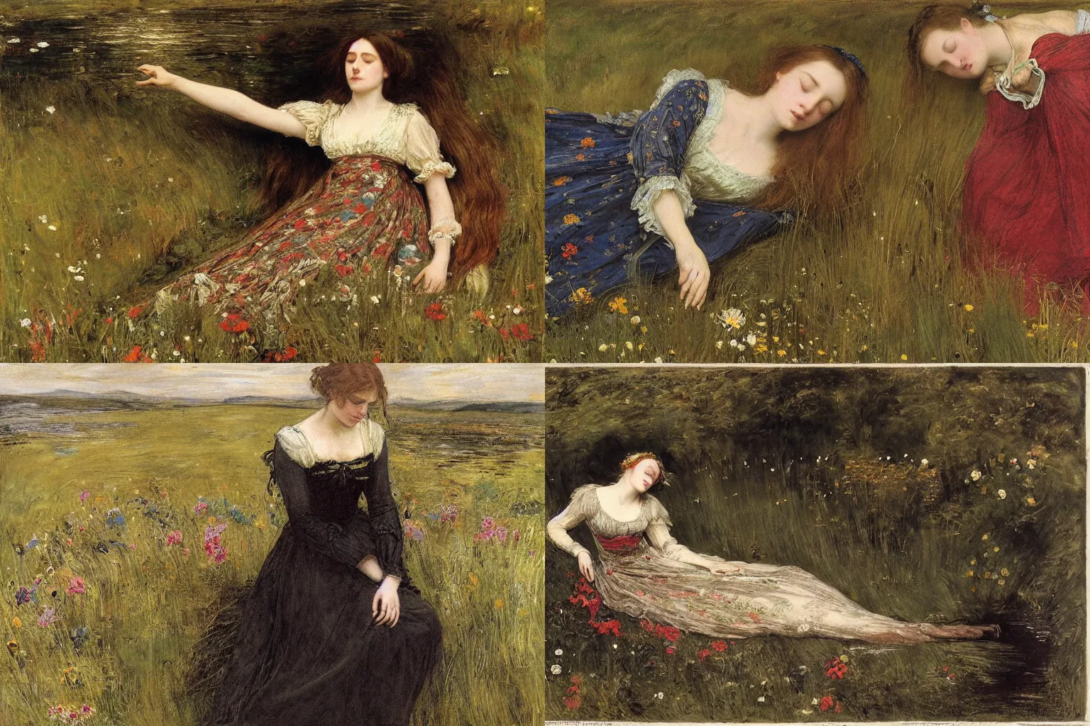 Prompt: young sad drowned ophelia floating in dark waters surrounded by high green grass and flowers, wearing an antique embroidered dress, arms stretched out, with closed eyes, by sir john everett millais, dark, detailed