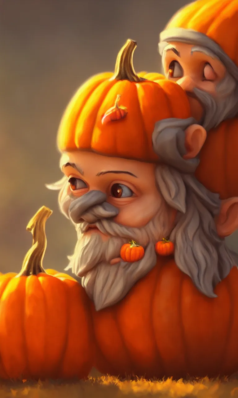 Prompt: hand drawn cute one gnomes close - up face upscale in autumn disguise holding pumpkin, detailed closeup face, concept art, low angle, high detail, warm lighting, volumetric, godrays, vivid, beautiful, trending on artstation, by jordan grimmer, huge scene, grass, art greg rutkowski