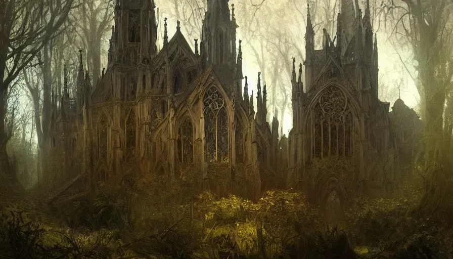 Image similar to a beautiful intricate painting of a abandoned gothic church, in dark evil fantasy forest, reflections, very high details by william turner art, greg rutkowski and alphonse mucha, trending on artstation, very very detailed, masterpiece,