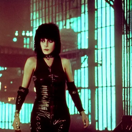 Image similar to a film portrait still of joan jett in blade runner, gritty cyberpunk atmosphere. realism, cinematic lighting, beautiful gothic fantasy photorealistic, 4 k. 8 mm. grainy. panavision.