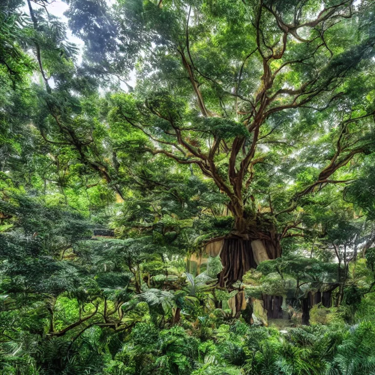 Prompt: avatar home tree under a colossal glass dome, interior, lush vista