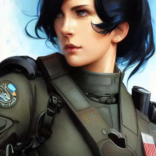 Image similar to woman dressed in scifi military uniform with black hair and blue eyes, elegant, digital illustration, detailed, intricate, sharp focus, digital painting, deep focus, digital painting, artstation, concept art, matte, art by artgerm and greg rutkowski and alphonse mucha