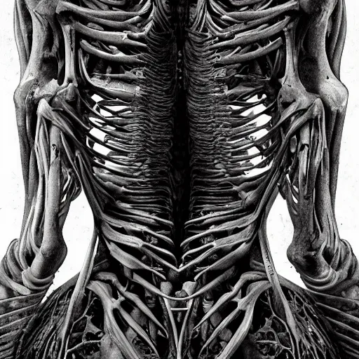 Prompt: cinematic scene of a detailed and intricate design of the back of full woman body wrapped in bones, close up, photo real, intrincate, in the style of giger, studio shot, dark shadows, creepy, nightmarish, dynamic lighting, great finesse organic hyper detailed, engineering blueprints, technical drawings, calculus, stained paper, hyperrealistic, ultra detailed, 16K, unreal engine, trending on artstation