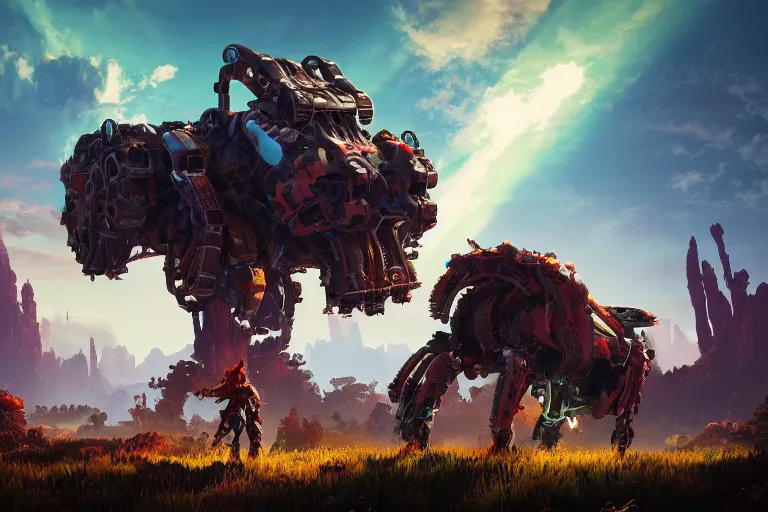 Image similar to behemoth machine mecanical creature robot of horizon forbidden west horizon zero dawn radiating a glowing aura global illumination ray tracing hdr fanart arstation by ian pesty and alena aenami artworks in 4 k