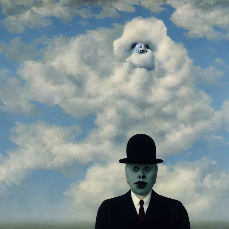 Image similar to portrait of a scary creepy ghost death, clouds in the background, by rene magritte, detailed painting, distance, middle centered, hd, hq, high resolution, high detail, 4 k, 8 k