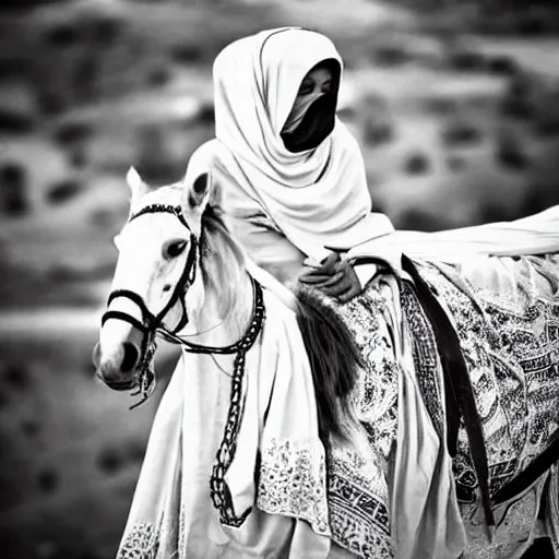 Image similar to beautiful burqa's woman, ride horse in saharan, dress like taliban, sharp eyes, detailed face, white skin, beautiful tatted hands, riffle on chest, detailed horse, detailed sit position, dust, cinematic, dynamic pose, pinterest