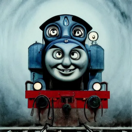 Image similar to watercolor cartoon grunge portrait of creepy horror Thomas the tank engine. intricate abstract. intricate artwork. nightmare fuel. terrifying. by zdzisław Beksiński, wlop, dan mumford , trending on artstation, Greg rutkowski very coherent symmetrical artwork. cinematic, hyper realism, high detail, octane render, 8k